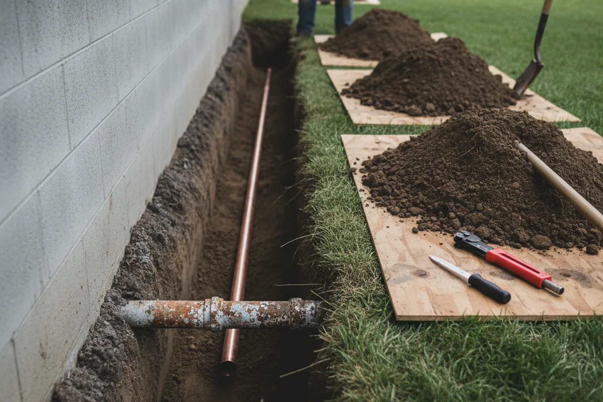Excavated water line trench during Sewer Line Repair in Anderson